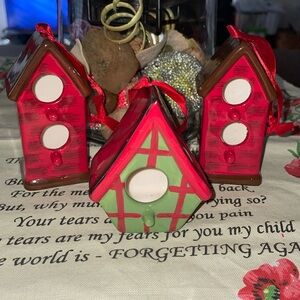 3 Ceramic Birdhouse Ornaments!